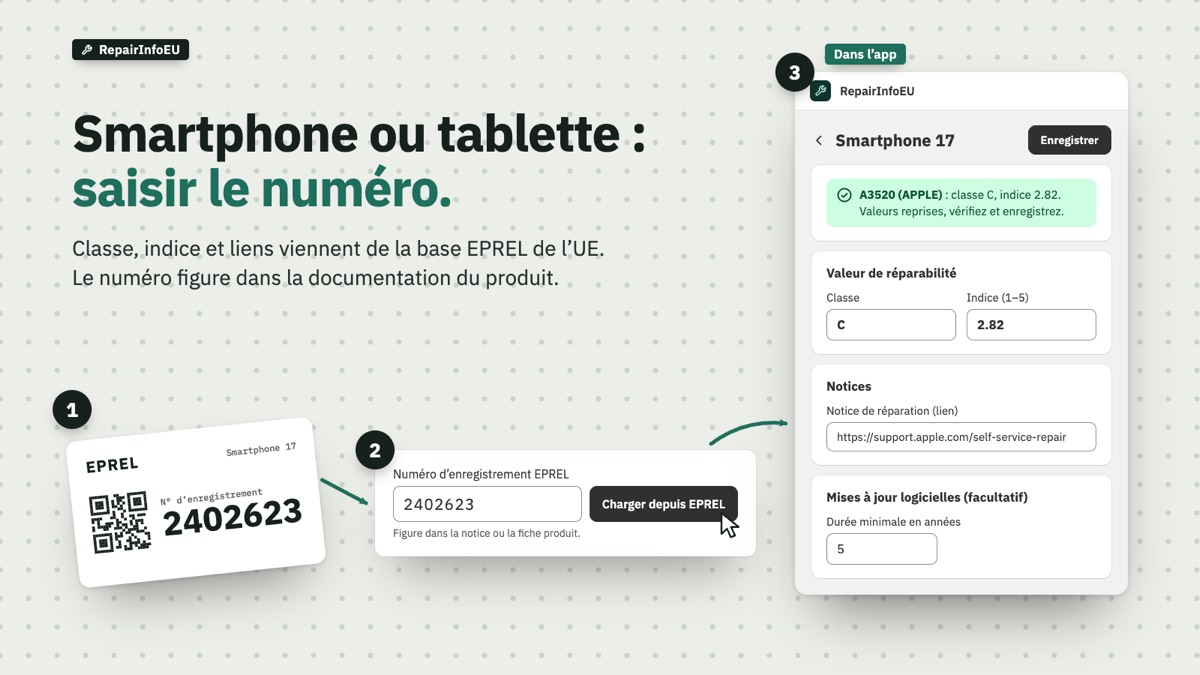 Éditeur produit : numéro EPREL saisi, classe et indice repris.